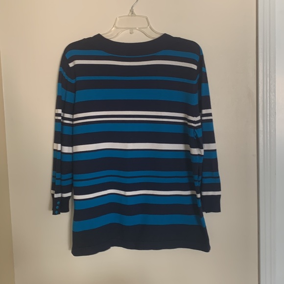 Navy teal and white crew neck 3/4 sleeve striped sweater - Picture 3 of 4